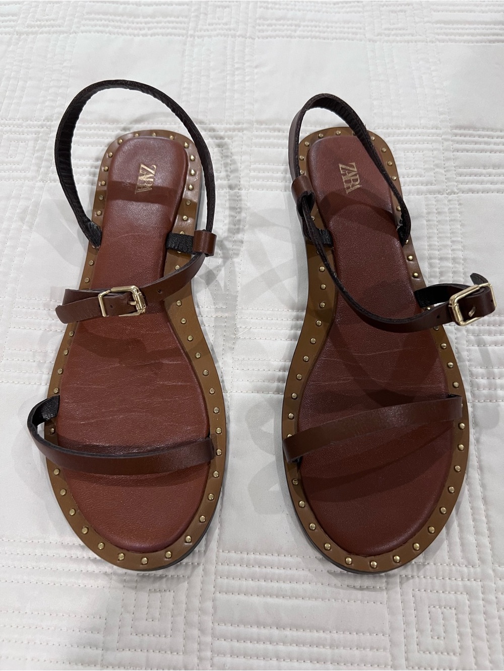 Zara Brown Leather Stud-Trim Slingback Sandals